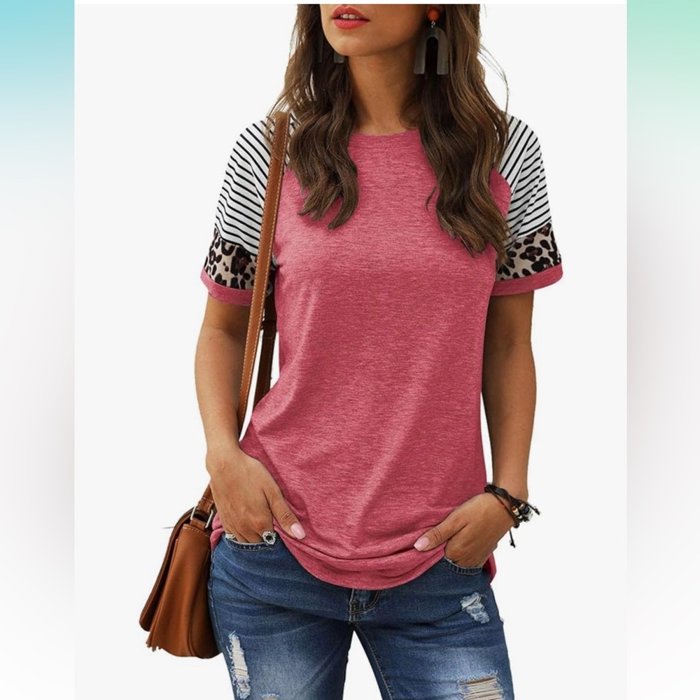Stylish Pink Women's Top with Striped Sleeves